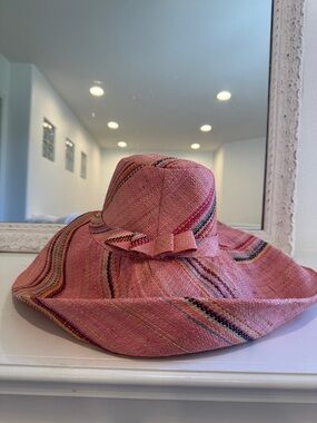 Handwoven Madagascar 100% Raphia Raffia  Sun Hat Pink Large Wide Brim